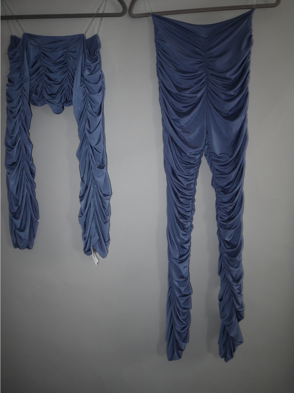 Ruched Denim Blue Boot Flare Pants and Top Set - Women